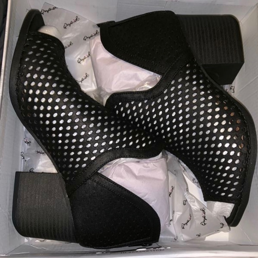 Black Perforated Ankle Slit Open Peep Toe Booties